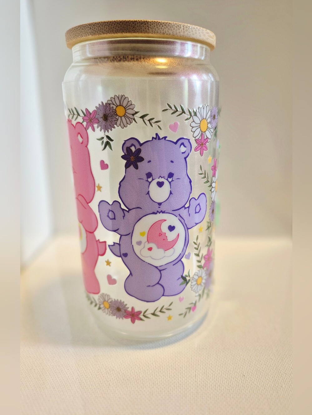 Care Bears Flowers 16oz Glass Tumbler Straw Lid Made To Order Custom